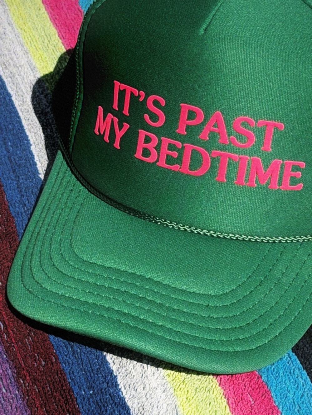 OTTO Green Trucker Hat with Pink Embroidered "IT'S PAST MY BEDTIME"